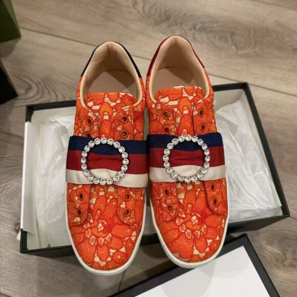NIB Authentic Gucci Orange Lace Ace Web Crystal Embellished Sneaker - Picture 2 of 4